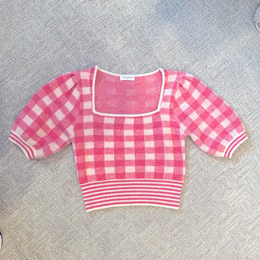 Cropped Square Neck Plaid Puff Sleeve Sweater Size Medium